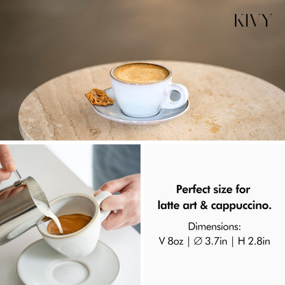 KIVY Cappuccino cups set of 4 [8oz] - Thick-walled stoneware cappuccino cup set for latte art - Cappuccino coffee cups - Tazas de cafe - Latte cups - Latte art cup and saucer set of 4 - Green, Blue