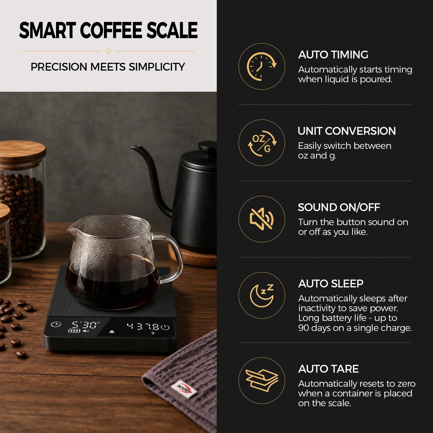 IKAPE Espresso Coffee Scale with Timer, 2kg/0.1g High Precision Digital Scale with Silicone Mat, 4 Modes in One, LED Display, Auto-Tare, for Kitchen, Cooking, Espresso, Pour Over Coffee