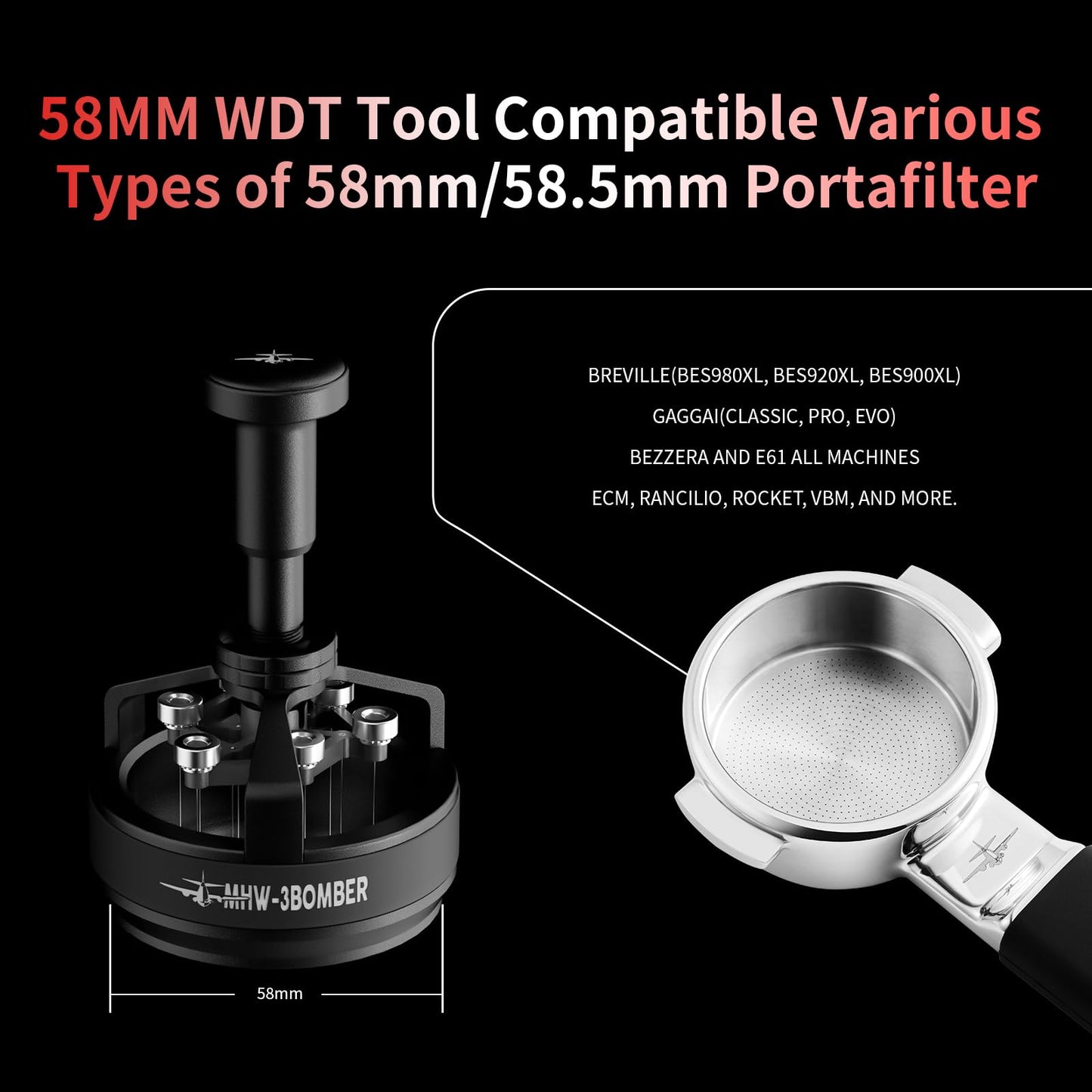 MHW-3BOMBER WDT Tool Espresso 58mm, Espresso Distribution Tool with Magnetic Base for Barista, Adjustable Depth Needle Distributor Tool, 0.25mm x 14 Coffee Stirrer Tools, YU Series Cyclone, T5849