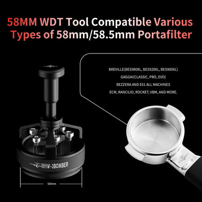 MHW-3BOMBER WDT Tool Espresso 58mm, Espresso Distribution Tool with Magnetic Base for Barista, Adjustable Depth Needle Distributor Tool, 0.25mm x 14 Coffee Stirrer Tools, YU Series Cyclone, T5849