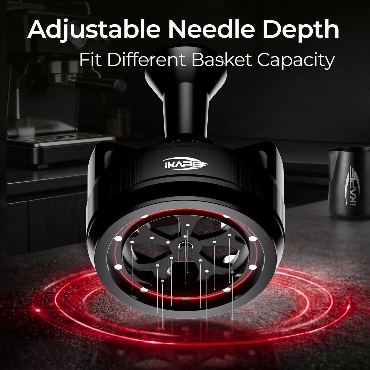 IKAPE 58MM WDT Tool for Espresso, 0.25mm 14 Needles Distribution Tool with One-Press Auto Rotation & Adjustable Depth, 10 Magnetic Base, Espresso Stirrer