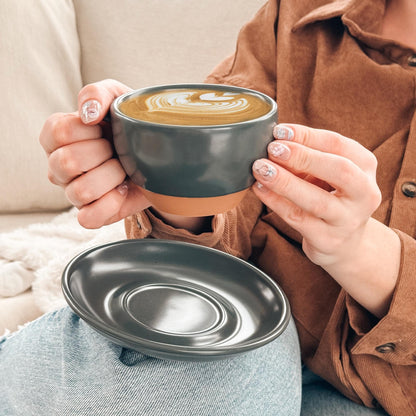 MORA Ceramic Latte Art Mug With Saucer - 10.5 oz, Round Bottom For Perfect Pours - Cafe Cups for Cappuccino, Espresso, Coffee, Tea etc - Porcelain Set for Baristas, Great Gift - Shadow Grey