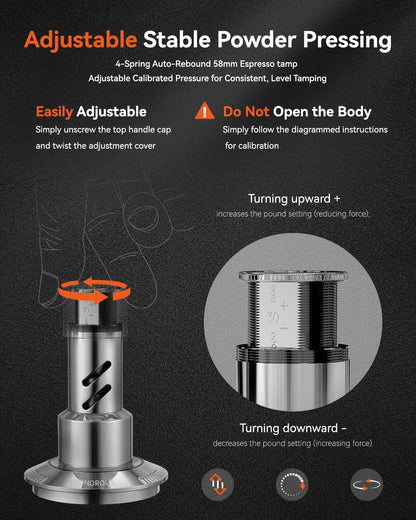 MUVNA Espresso Tamper 58mm Sound Feedback, All Stainless Steel, Silver