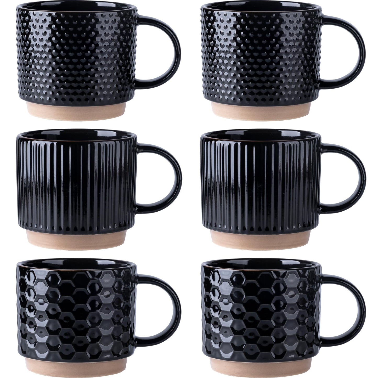 GBhome 12 OZ Stackable Coffee Mugs Set of 6, Ceramic Black Coffee Cups Set
