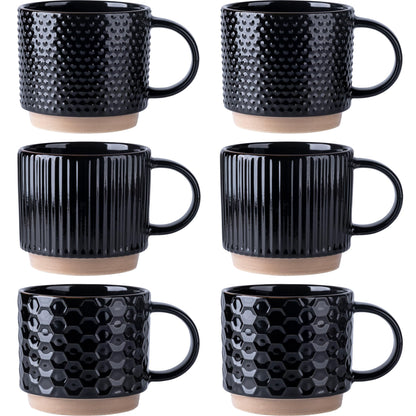 GBhome 12 OZ Stackable Coffee Mugs Set of 6, Ceramic Black Coffee Cups Set