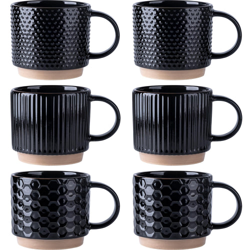 GBhome 12 OZ Stackable Coffee Mugs Set of 6, Ceramic Black Coffee Cups Set