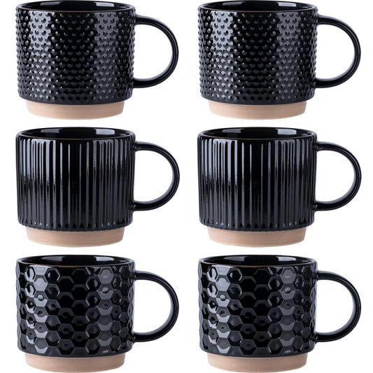 GBhome 12 OZ Stackable Coffee Mugs Set of 6, Ceramic Black Coffee Cups Set