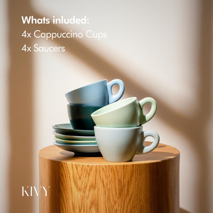 KIVY Cappuccino cups set of 4 [8oz] - Thick-walled stoneware cappuccino cup set for latte art - Cappuccino coffee cups - Tazas de cafe - Latte cups - Latte art cup and saucer set of 4 - Green, Blue