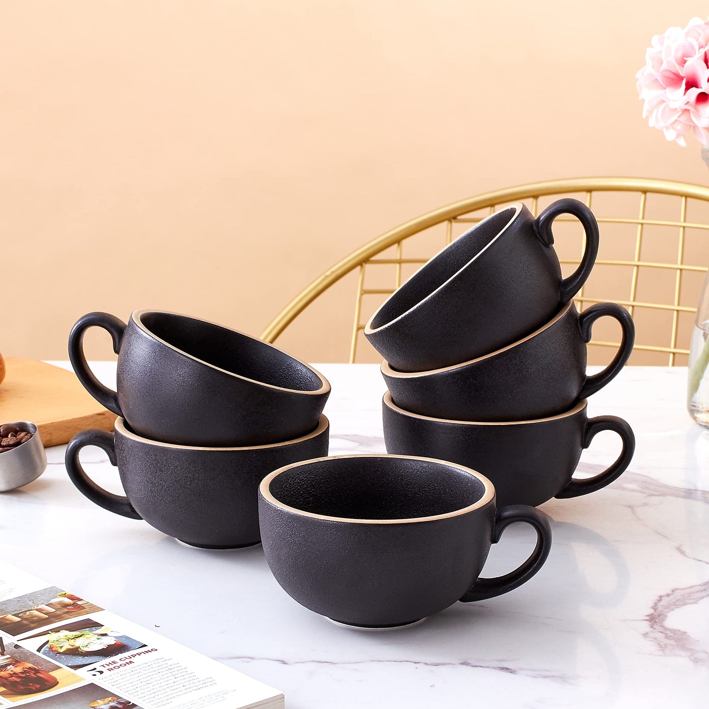 Coffeezone Set of 6 Cups Vintage Design 12 oz Professional Barista Ceramic Latte Art Cappuccino Cups Set (Rough Black * 6)