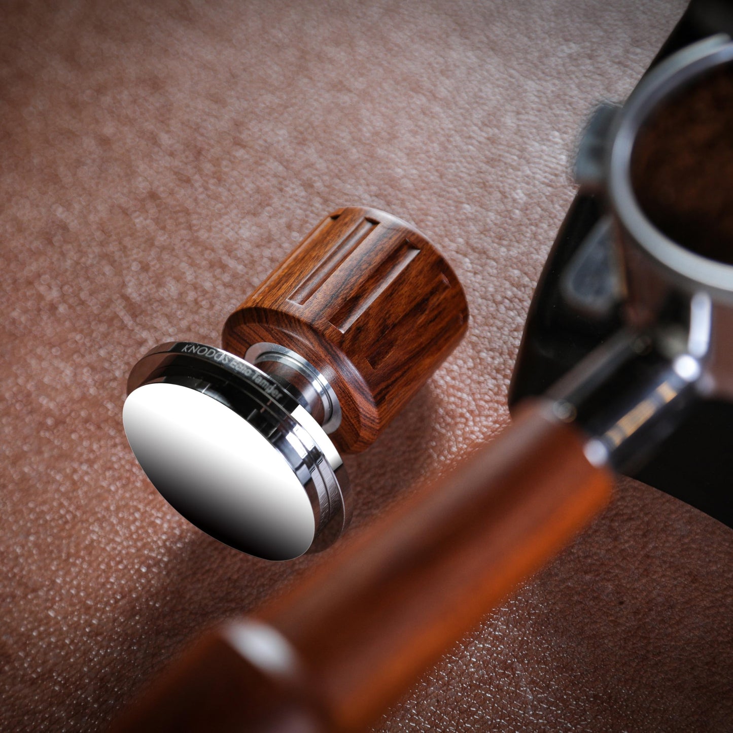 KNODOS 58.5mm Coffee Tamper with Rosewood Handle – Spring Loaded Echo Espresso Tamper, 30lb Spring & Click for 58.5mm Baskets