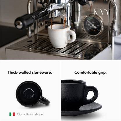KIVY 3 oz Espresso cups set of 4 - Thick walled stoneware espresso cup set - Italian style cups and saucers - Demitasse cups set of 4 - Espresso mugs black - Coffee shot cups & saucers