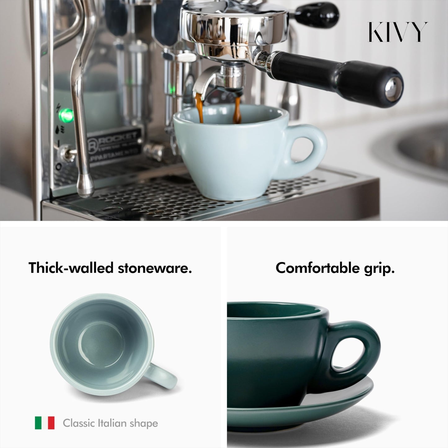 KIVY Cappuccino cups set of 4 [8oz] - Thick-walled stoneware cappuccino cup set for latte art - Cappuccino coffee cups - Tazas de cafe - Latte cups - Latte art cup and saucer set of 4 - Green, Blue