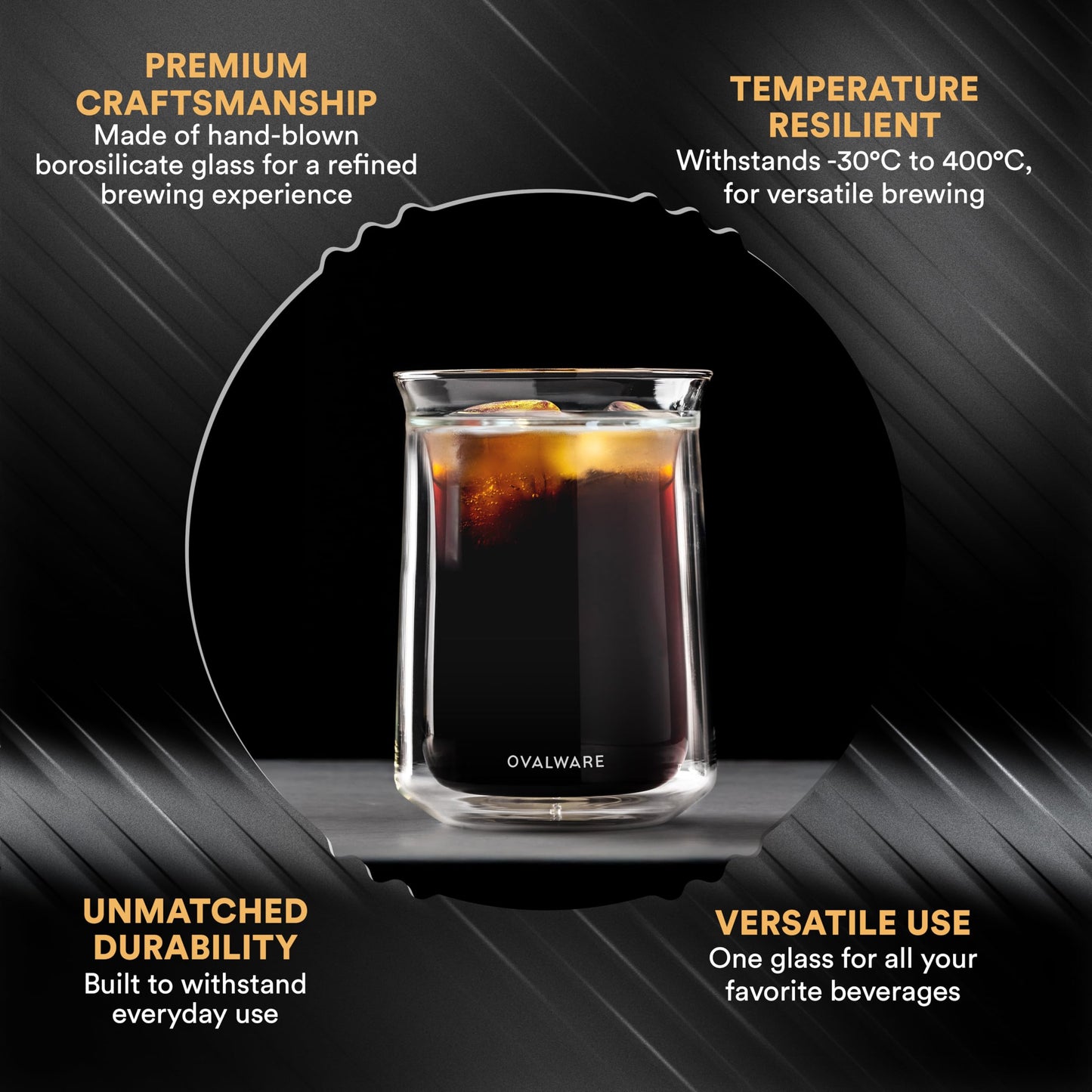 ovalware Double Wall Single Lip Insulated Glass Cup, Set of 2 (12oz / 350ml) - Borosilicate Glass For Coffee, Tea, Whiskey, Cocktails & All Beverages - Minimalistic & Durable Double-Wall Drinking Mug