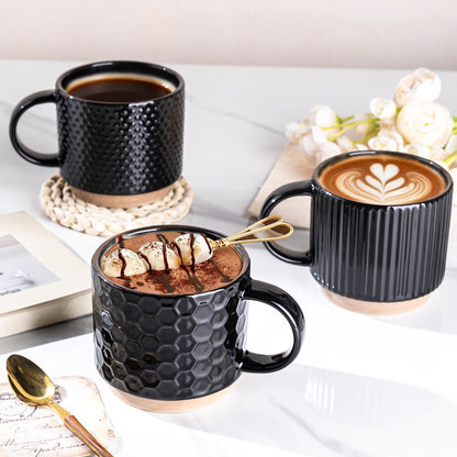 GBhome 12 OZ Stackable Coffee Mugs Set of 6, Ceramic Black Coffee Cups Set