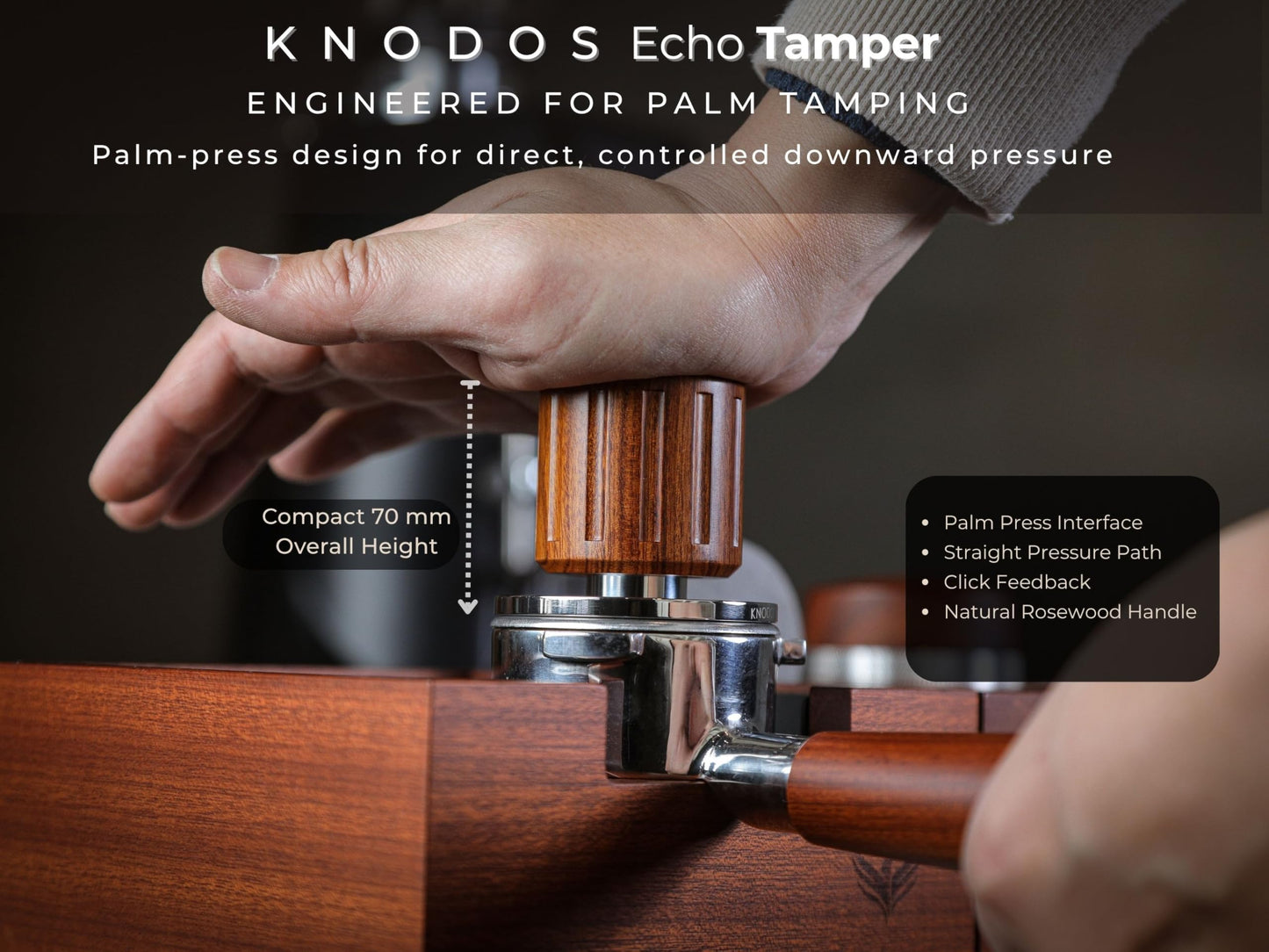 KNODOS 58.5mm Coffee Tamper with Rosewood Handle – Spring Loaded Echo Espresso Tamper, 30lb Spring & Click for 58.5mm Baskets