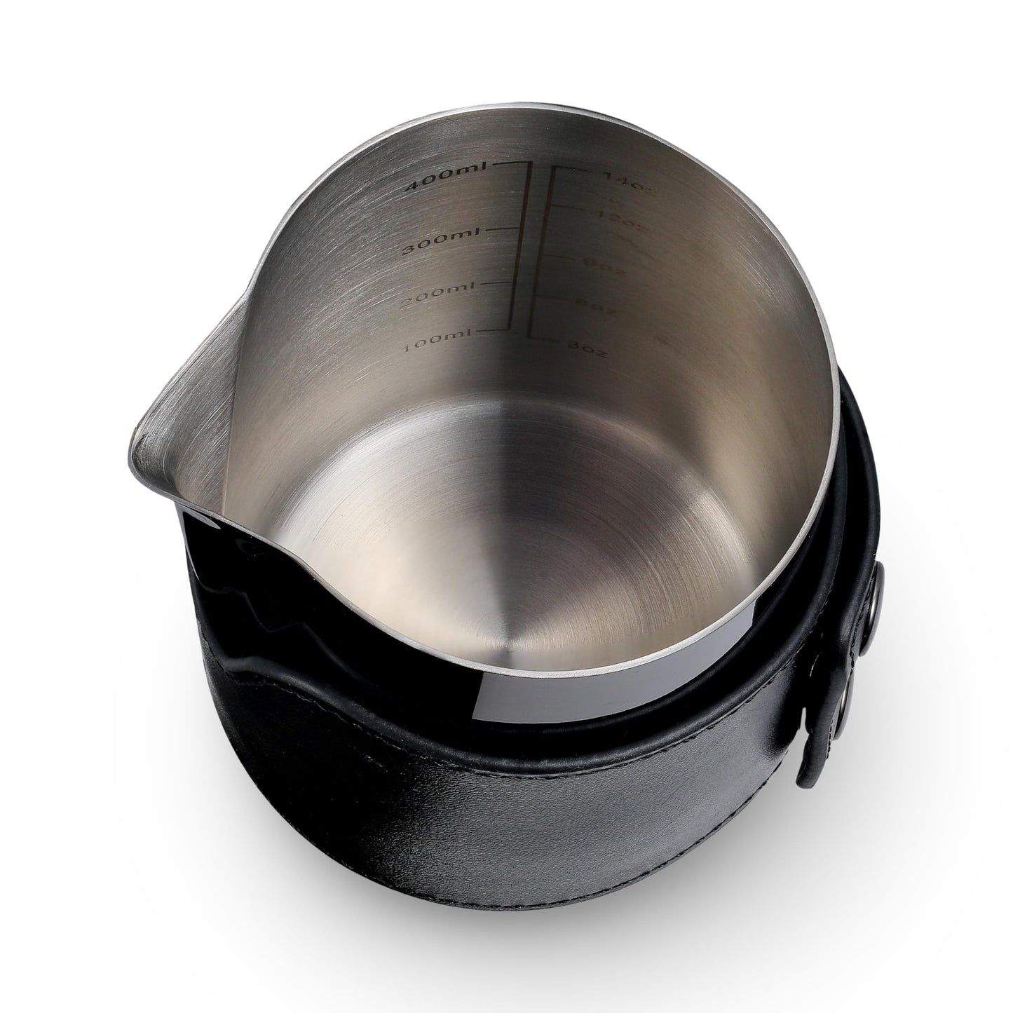 KNODOS Handleless Milk Frothing Pitcher 14oz – PVD Coated Stainless Steel Latte Art Pitcher with Real Leather Sleeve, Premium Espresso Coffee Steaming Cup (Black)