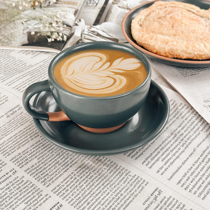 MORA Ceramic Latte Art Mug With Saucer - 10.5 oz, Round Bottom For Perfect Pours - Cafe Cups for Cappuccino, Espresso, Coffee, Tea etc - Porcelain Set for Baristas, Great Gift - Shadow Grey