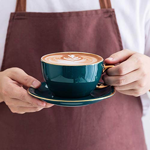 Coffeezone 10 oz Latte Art Cup & Saucer – Peacock Green (Gold Trim)