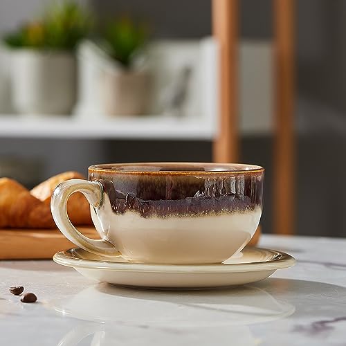 Coffeezone Vintage 12 oz Latte Art Cup & Saucer – Embossed Beige