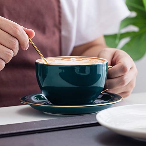 Coffeezone 10 oz Latte Art Cup & Saucer – Peacock Green (Gold Trim)