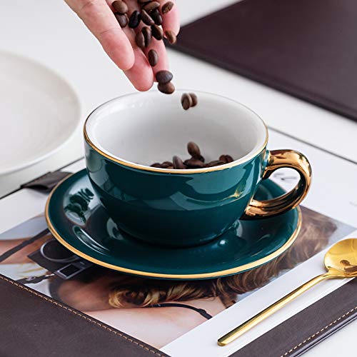 Coffeezone 10 oz Latte Art Cup & Saucer – Peacock Green (Gold Trim)
