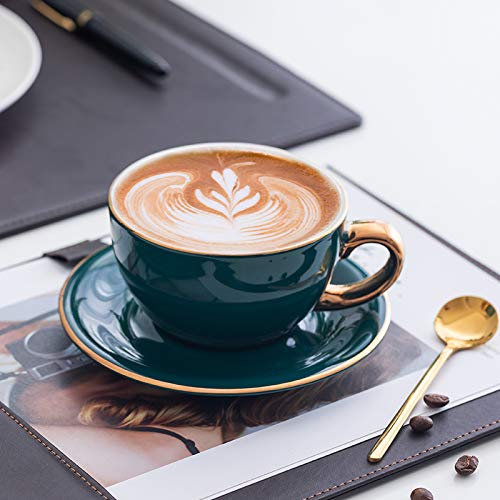 Coffeezone 10 oz Latte Art Cup & Saucer – Peacock Green (Gold Trim)