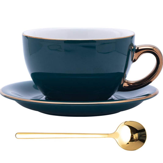 Coffeezone 10 oz Latte Art Cup & Saucer – Peacock Green (Gold Trim)