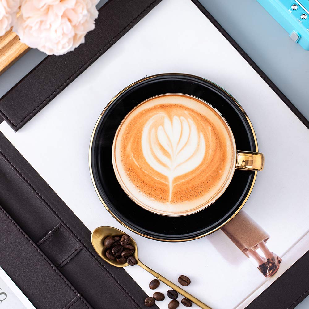 Coffeezone 10 oz Latte Art Cup & Saucer – Peacock Green (Gold Trim)