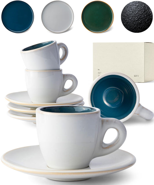 KIVY 3 oz Stoneware Espresso Cups & Saucers (Set of 4) – Blue