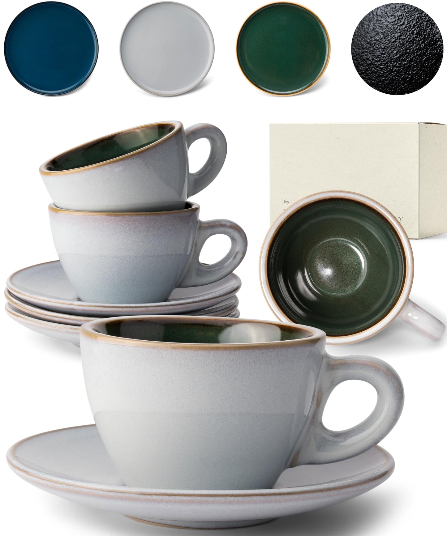 KIVY 3 oz Stoneware Espresso Cups & Saucers (Set of 4) – Blue