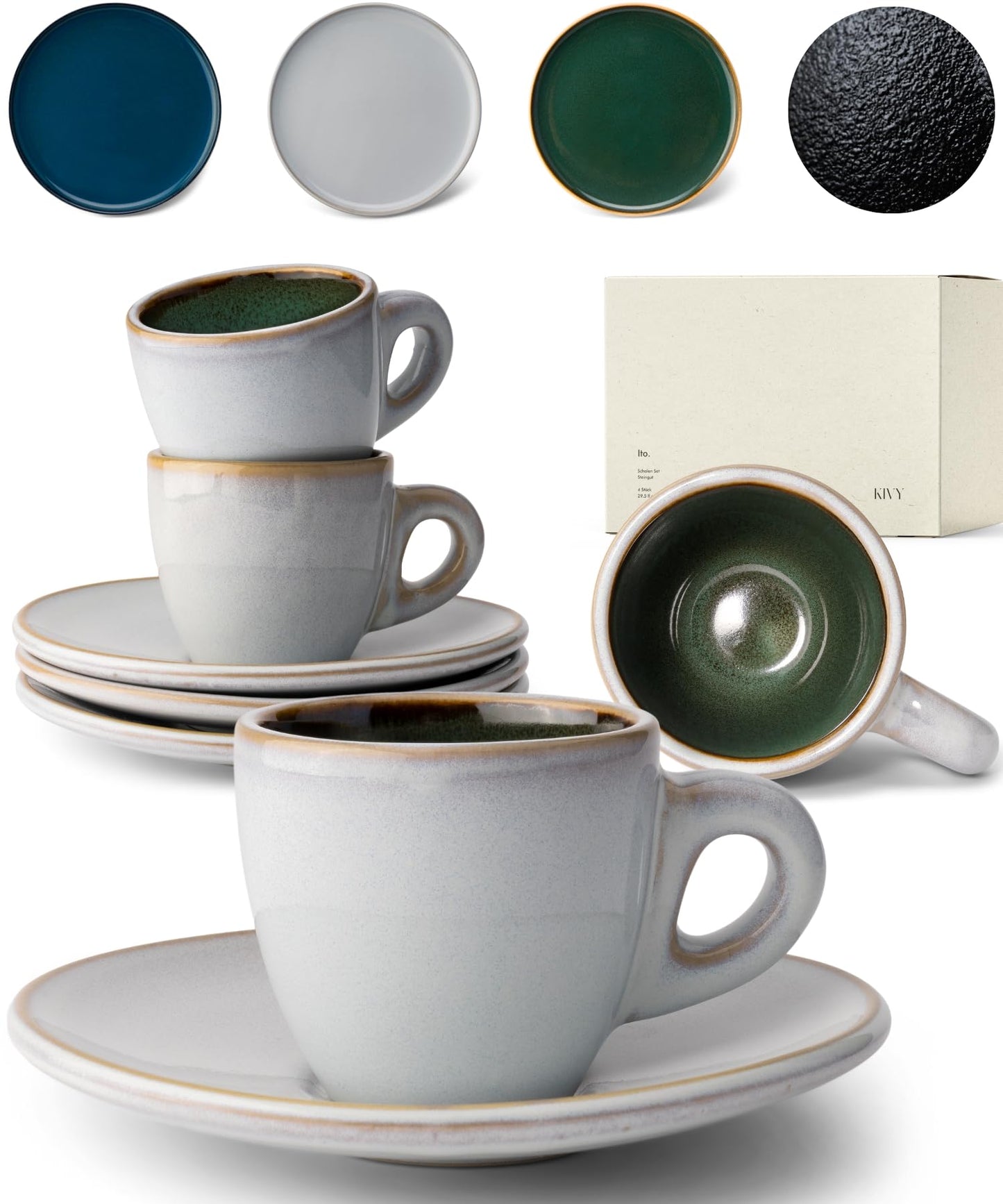 KIVY 3 oz Stoneware Espresso Cups & Saucers (Set of 4) – Blue