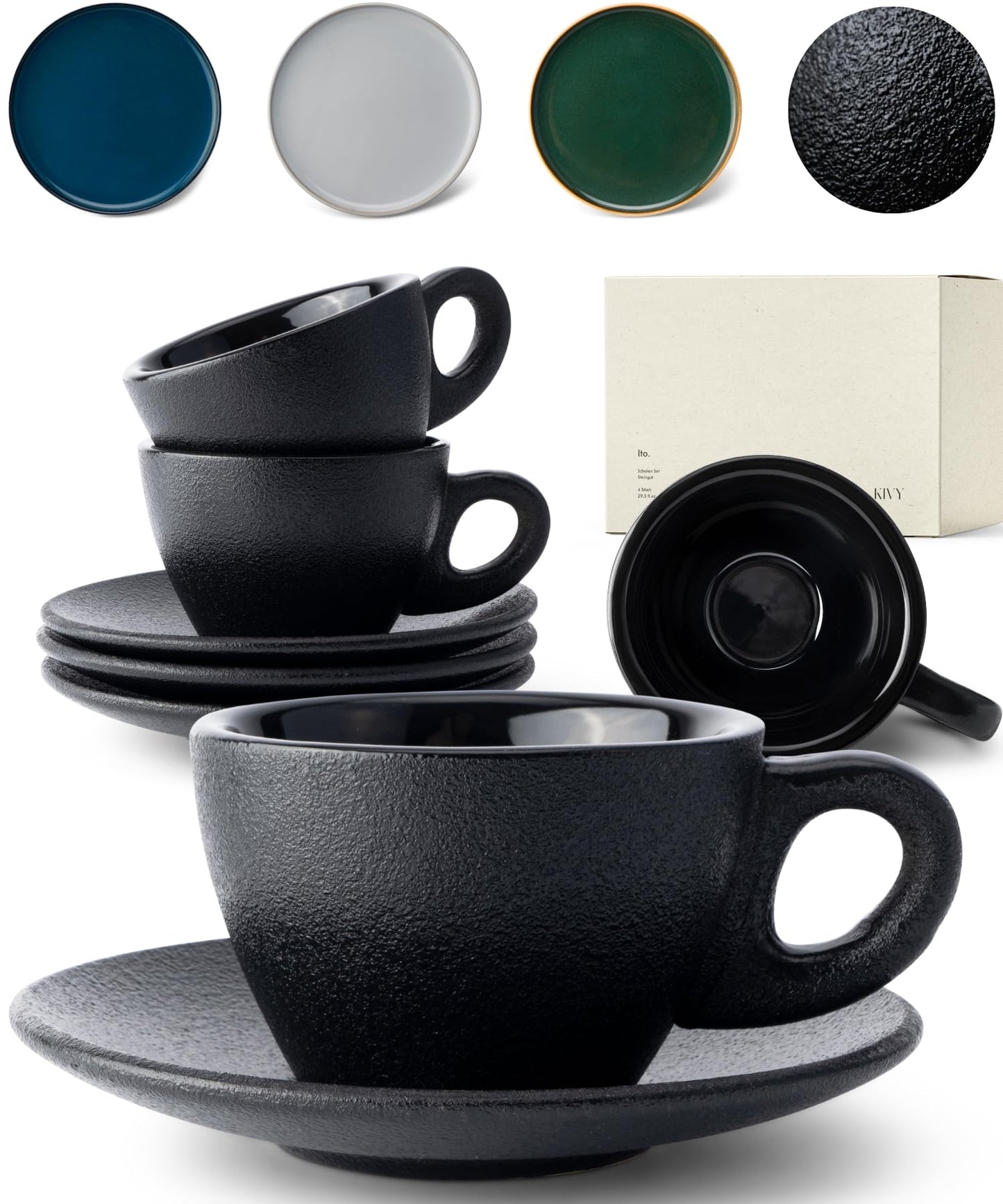 KIVY 3 oz Stoneware Espresso Cups & Saucers (Set of 4) – Blue